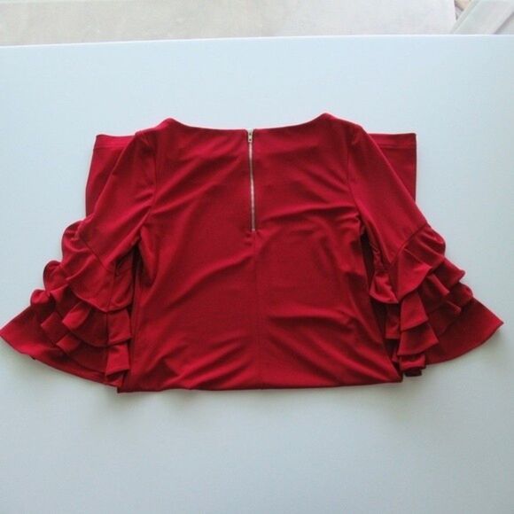 Red Shift Dress with Ruffle Bell Sleeves - Picture 7 of 9